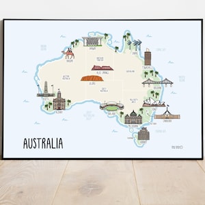 Carte de l'Australie - Illustration de la carte de l'Australie - Carte de l'Australie dessinée à la main - Art mural de l'Australie - idée cadeau - cadeau de voyage