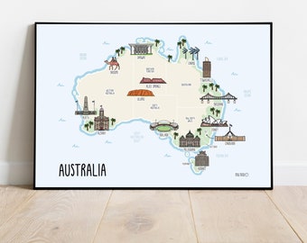 Impression de carte de l'Australie : oeuvre d'art murale illustrée dessinée à la main