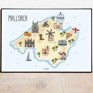 Carte de Majorque - illustration de carte de Majorque - carte dessinée à la main - Espagne - îles Baléares - art mural - idée cadeau de voyage