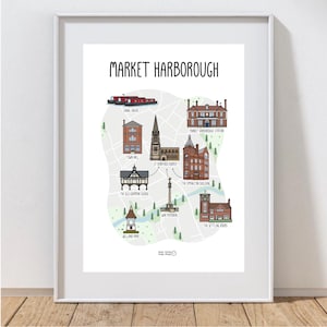 Impression de carte de Market Harborough - carte de Market Harborough - carte illustrée de Market Harborough - impression de carte personnalisée - idée cadeau - Leicestershire