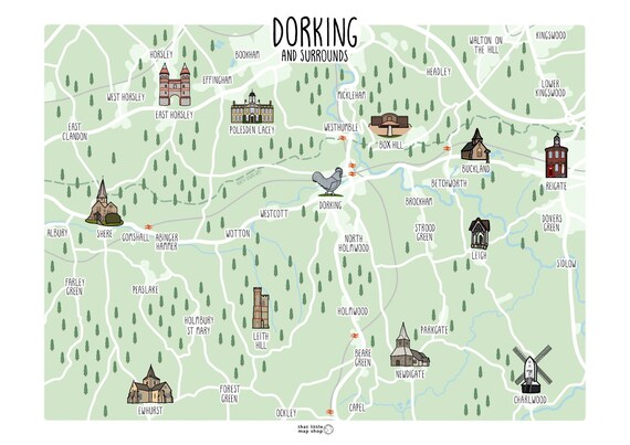 Map Of Dorking And Surrounding Areas Dorking Map Map Of Dorking Surrey Hills Map Custom Map | Etsy