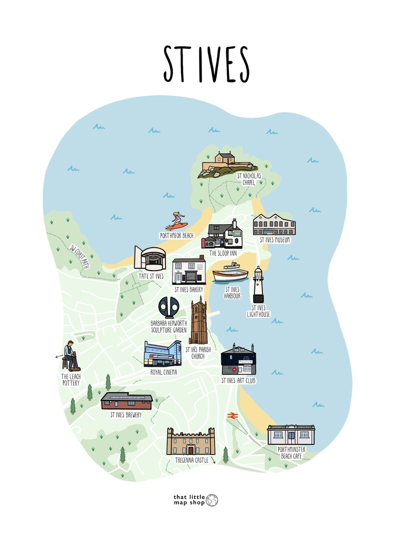 Map of St Ives Illustrated Map of St Ives Cornwall St Ives Map Print St Ives Cornwall Map Gift