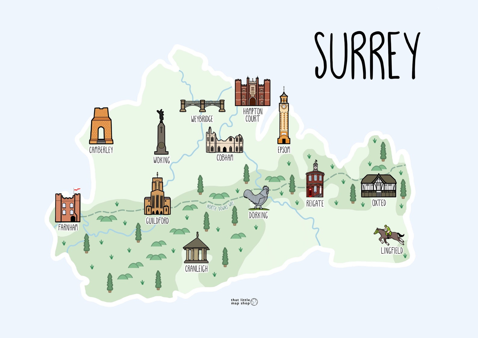 Surrey Map Illustrated Map of Surrey Surrey Map Etsy