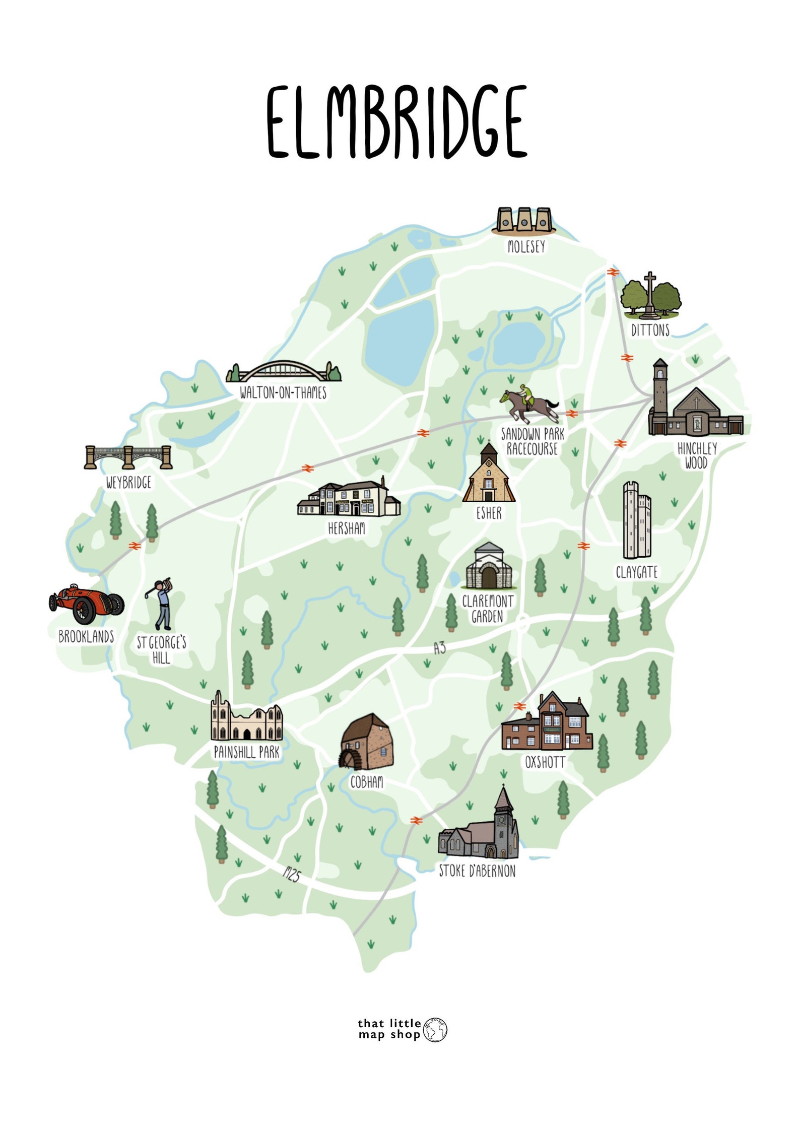 Map of Elmbridge Illustrated Map of Elmbridge Surrey Map Etsy