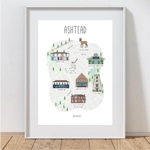 Impression de carte d'Ashtead - carte d'Ashtead - carte illustrée d'Ashtead - carte du Surrey - impression de carte personnalisée - idée cadeau