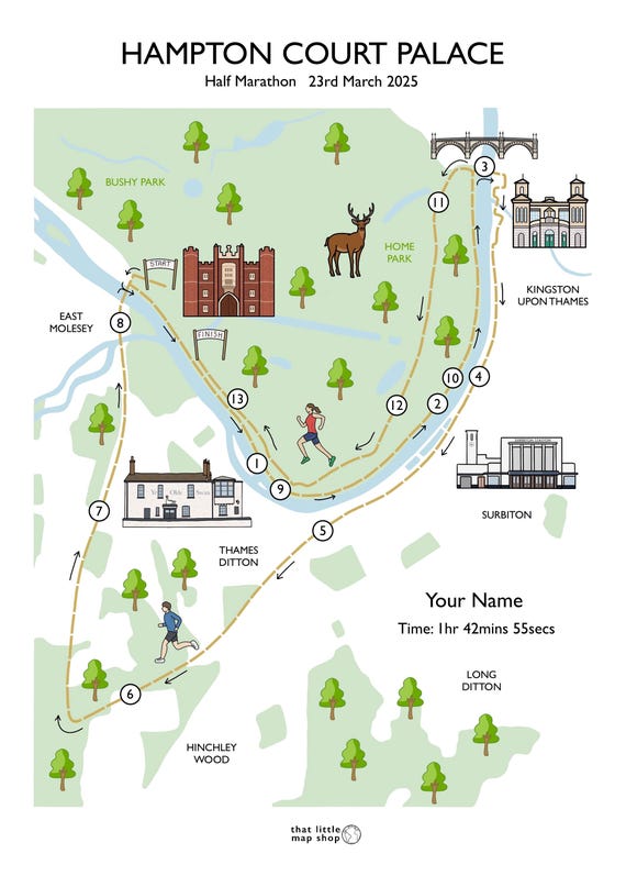 Hampton Court Palace Half Marathon Map: Personalized Runner Gift
