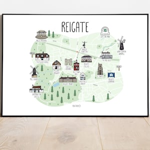 Reigate Map Print: Surrey Illustration, Wall Art Home Decor