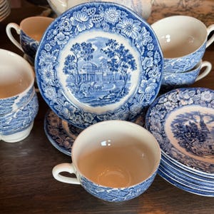 Staffordshire England “Liberty Blue” Ironstone cups, saucers, bread & butter plates