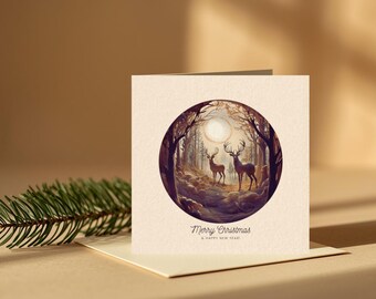 Stained Glass Deer Christmas Card | Winter Woodland Scene (Digital Download)