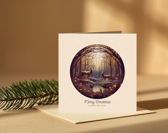 Deers at Dusk Christmas Card | Stained Glass Design (Digital Download)