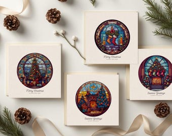 Stained Glass Christmas Card Set | Printable 6x6 Folded Cards (Digital Download)