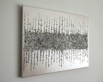 Silver Whispers — Sparkly Crushed Glass Wall Art, Pale Silvery White Abstract, Glitter Resin Textured Painting, Modern Chic Home Decor