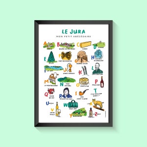 Affiche du Jura, illustration sur papier, abécédaire
