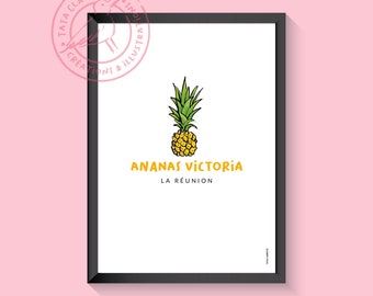 Affiche de l’île de la Réunion, illustration sur papier, ananas victoria
