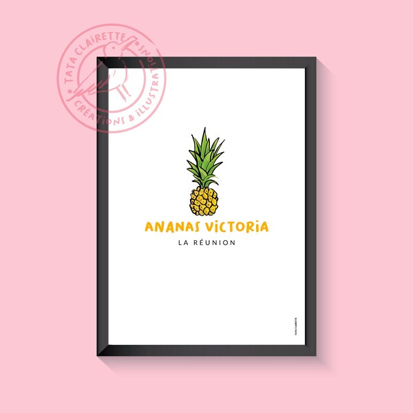 Affiche de l’île de la Réunion, illustration sur papier, ananas victoria