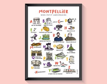 Affiche de Montpellier, abécédaire, illustration sur papier