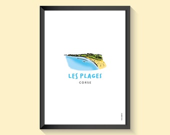 Affiche de la Corse, illustration sur papier, les plages