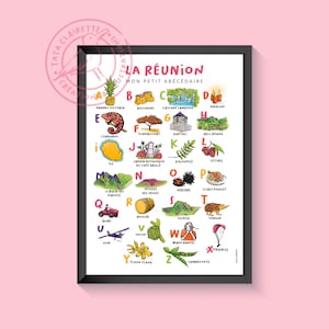 Affiche de la Réunion, illustration sur papier, abécédaire