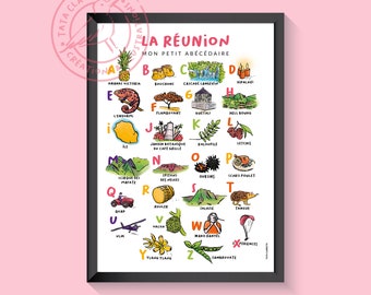 Reunion poster, illustration on paper, alphabet book