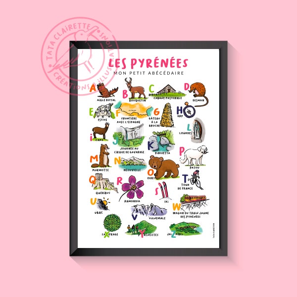 Affiche des Pyrénées, illustration sur papier, abécédaire