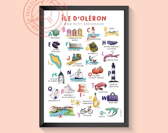 Poster of the island of Oléron, illustration on paper, alphabet book