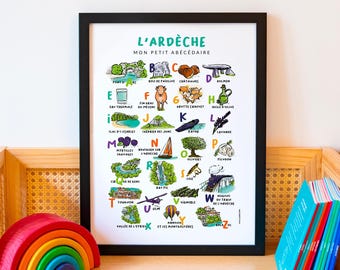 Poster of the Ardèche region, alphabet book, illustration on paper