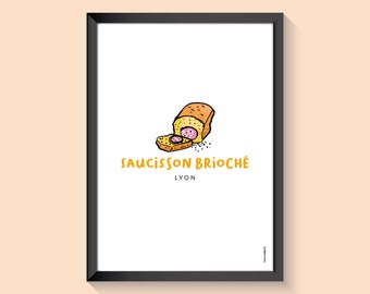 Affiche de Lyon, illustration sur papier, saucisson brioché