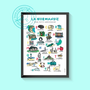 Affiche de la Normandie, abécédaire, illustration sur papier