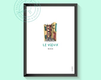 Affiche de Nice, illustration sur papier, Le Vieux