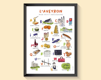 Affiche de l'Aveyron, abécédaire, illustration sur papier