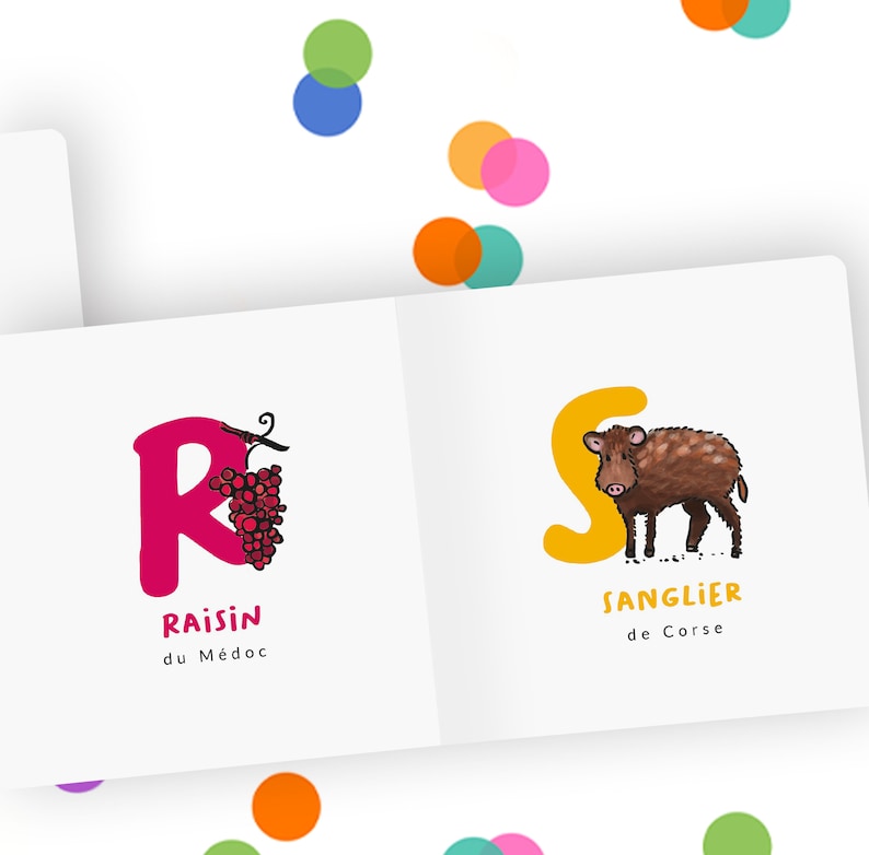 May include: An open book with colourful illustrations of a grape and a wild boar. The letter R is pink and the letter S is yellow. The text reads "Raisin du M&eacute;doc" and "Sanglier de Corse".