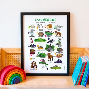 Affiche de l'Auvergne, abécédaire, illustration sur papier