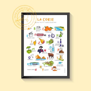 Affiche de la Corse, abécédaire, illustration sur papier