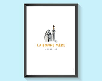 Affiche de Marseille, illustration sur papier, la bonne mère