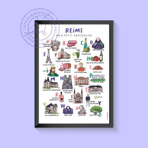Affiche de Reims, abécédaire, illustration sur papier