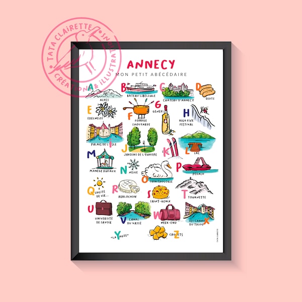 Affiche d'Annecy, abécédaire, illustration sur papier