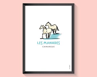 Affiche de la Camargue, illustration sur papier, les manades