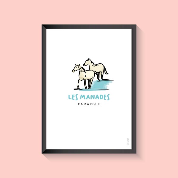 Affiche de la Camargue, illustration sur papier, les manades