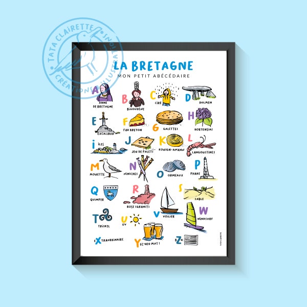 Affiche de la Bretagne, abécédaire, illustration sur papier