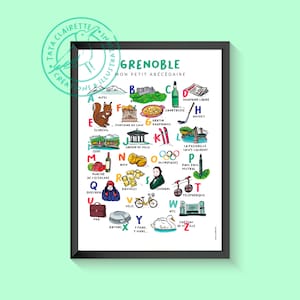 Affiche de Grenoble, abécédaire, illustration sur papier