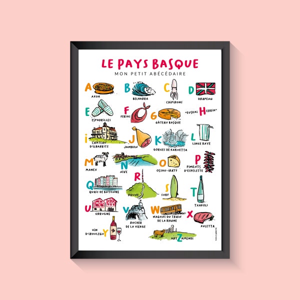 Affiche du Pays Basque, illustration sur papier, abécédaire