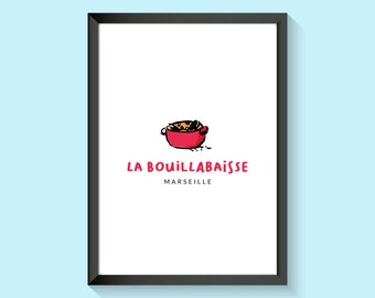 Affiche de Marseille, illustration sur papier, la bouillabaisse