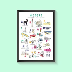 Affiche de l’île de Ré, illustration sur papier, abécédaire