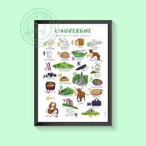 Affiche de l'Auvergne, abécédaire, illustration sur papier