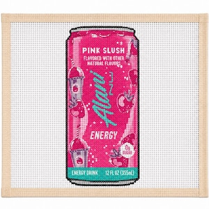 May include: A needlepoint canvas featuring a pink Alani Nu energy drink can with the text Pink Slush, Flavored with other natural flavors, Alani, Energy, 0g Sugar, Energy Drink, and 12 fl oz (355ml) printed on the front with strawberry graphics.
