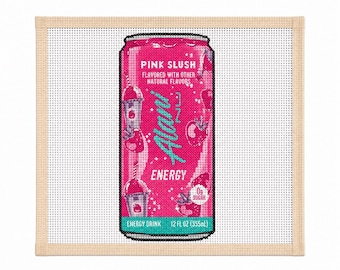 May include: A needlepoint canvas featuring a pink Alani Nu energy drink can with the text Pink Slush, Flavored with other natural flavors, Alani, Energy, 0g Sugar, Energy Drink, and 12 fl oz (355ml) printed on the front with strawberry graphics.