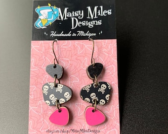 Gothic Girly Pink and Black Skull & Crossbones Handmade Earrings- Nickel Free Stainless Steel Antiqued Bronze Finish Findings- Punk Dangles