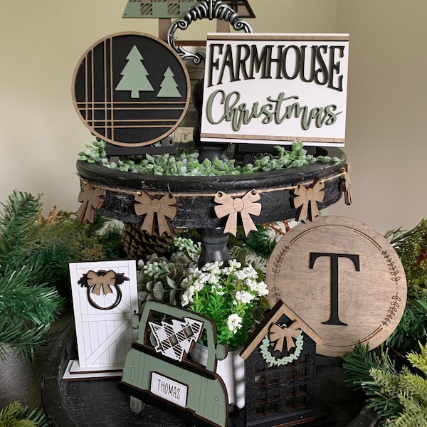 Personalized Farmhouse Christmas Tiered Tray Decor- 3D Mini Wood Signs- Country Christmas Truck with Family Name & More! Big Tiered Tray Set