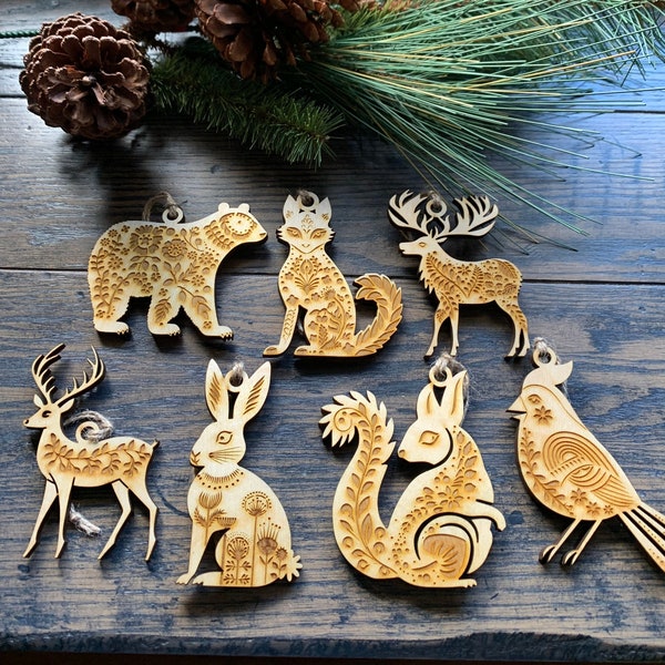 Scandinavian Folk Art Ornaments- Woodland Animals Christmas Ornaments- Nordic Holiday Decor- Beautiful Natural Wood Ornaments- Ind or Bundle