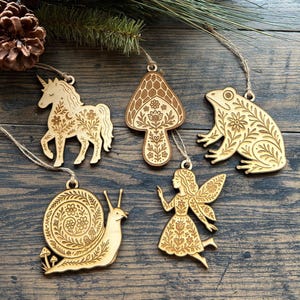 Cottagecore Scandinavian Folk Art Style Ornaments – Engraved Wood Fairy, Mushroom, Snail, Frog & Unicorn- Unique Fairy Tale Decor